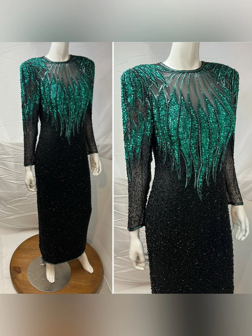 Alyce Designs Women’s 12 Black Silk Beaded Sequin Teal Green Gown Vintage Dress